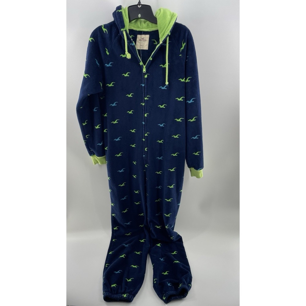 Hollister One‎ Piece Fleece Hoodie Pajama Jumpsuit Med/Large Green Seagull Logo
